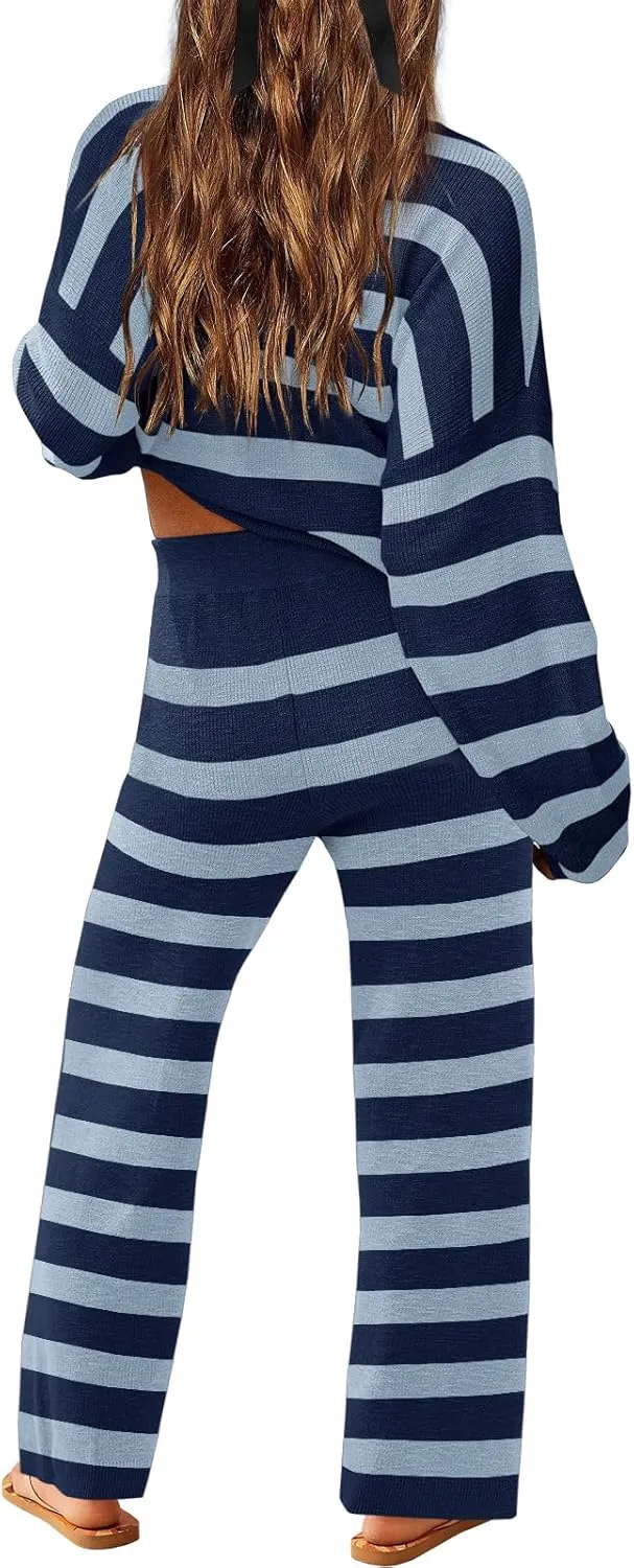 LAMISSCHE Oversized Womens Lounge Set Striped Sweater Set Long Sleeve 2 Piece Pajama Set Top and Pants with Pockets
