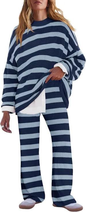 LAMISSCHE Oversized Womens Lounge Set Striped Sweater Set Long Sleeve 2 Piece Pajama Set Top and Pants with Pockets