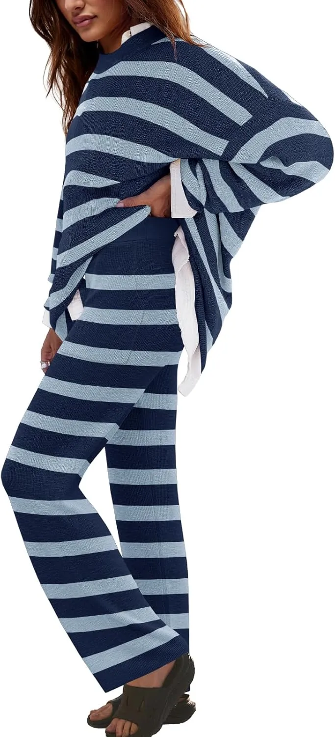 LAMISSCHE Oversized Womens Lounge Set Striped Sweater Set Long Sleeve 2 Piece Pajama Set Top and Pants with Pockets