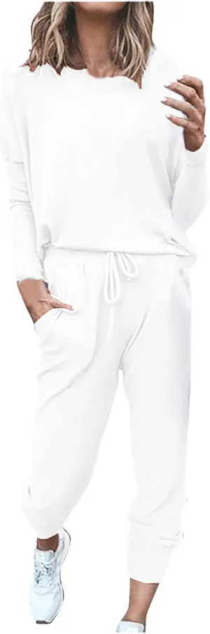 Lastesso Womens 2 Piece Sweatsuits Set Lightweight Loungewear Crewneck Loose Pullover Cozy Active Jogger Pants Soft Tracksuit