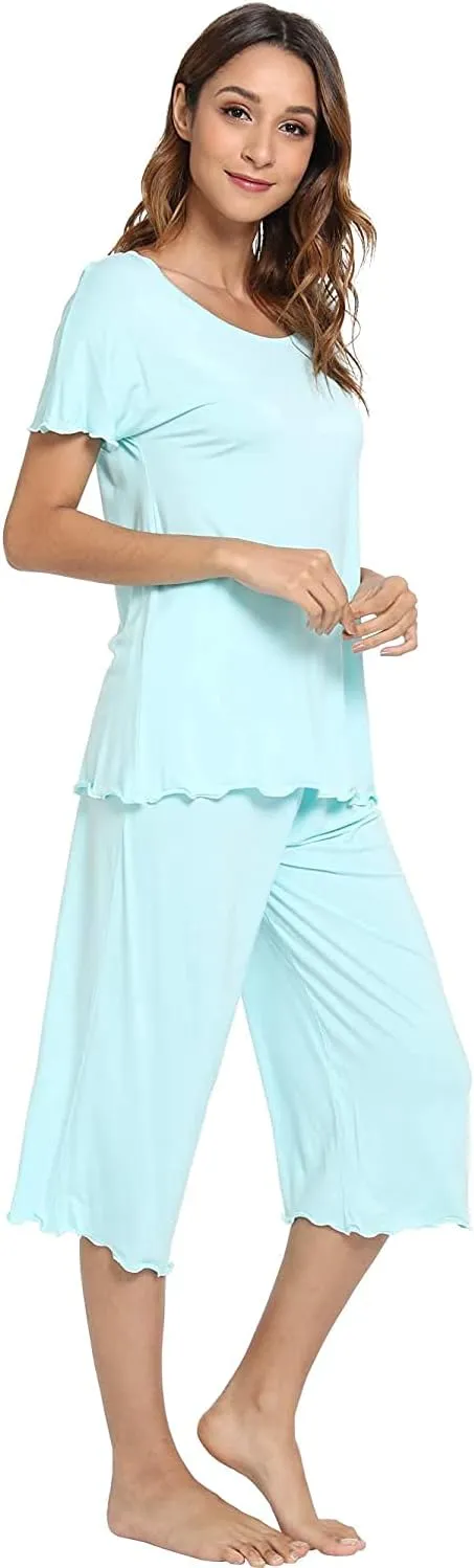 LazyCozy Womens Pajama Sets Viscose from Bamboo Pj Set Short Sleeve Top with Capri Pants Sleepwear 2 Piece Lounge Set