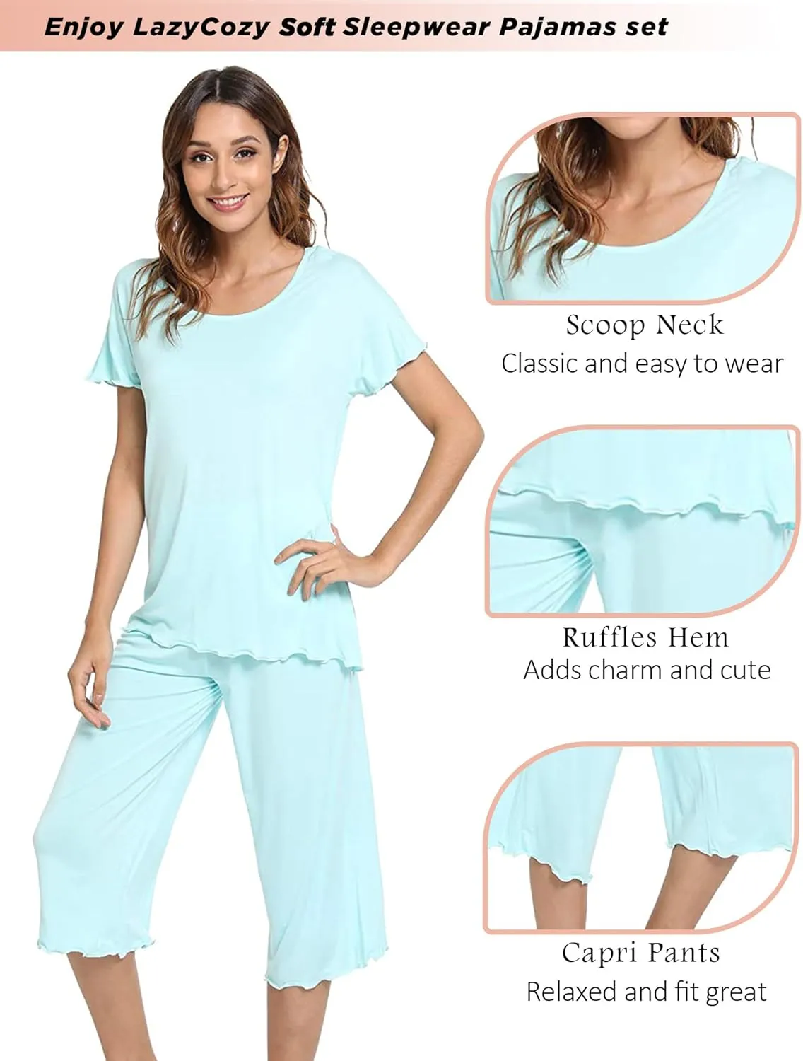 LazyCozy Womens Pajama Sets Viscose from Bamboo Pj Set Short Sleeve Top with Capri Pants Sleepwear 2 Piece Lounge Set