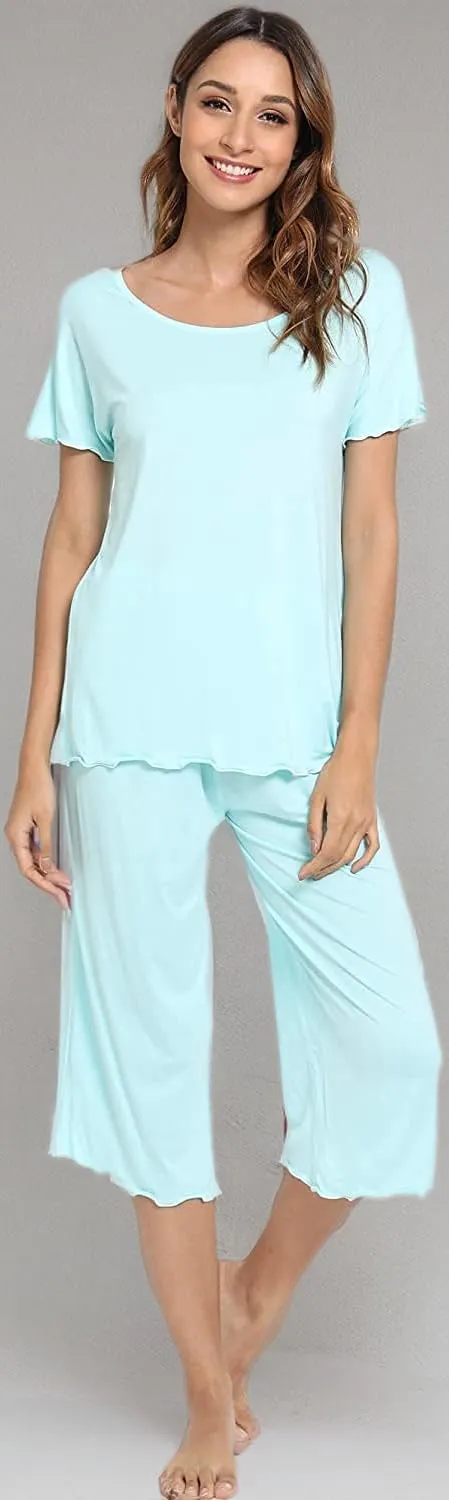 LazyCozy Womens Pajama Sets Viscose from Bamboo Pj Set Short Sleeve Top with Capri Pants Sleepwear 2 Piece Lounge Set