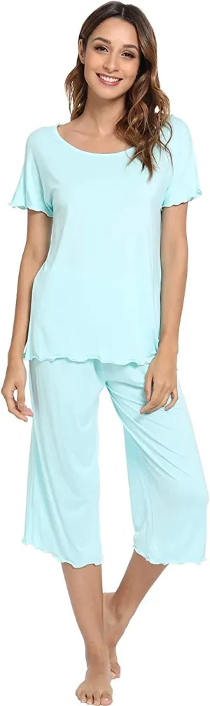 LazyCozy Womens Pajama Sets Viscose from Bamboo Pj Set Short Sleeve Top with Capri Pants Sleepwear 2 Piece Lounge Set