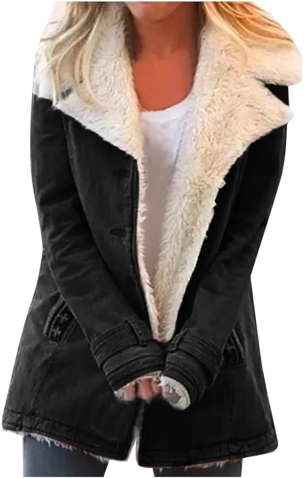 LCMTWX Fuzzy Shaggy Teddy Coats Jacket Lapel Single Breasted Long Sleeve Plus Size Outwear Coat Shaggy Warm Winter Womens