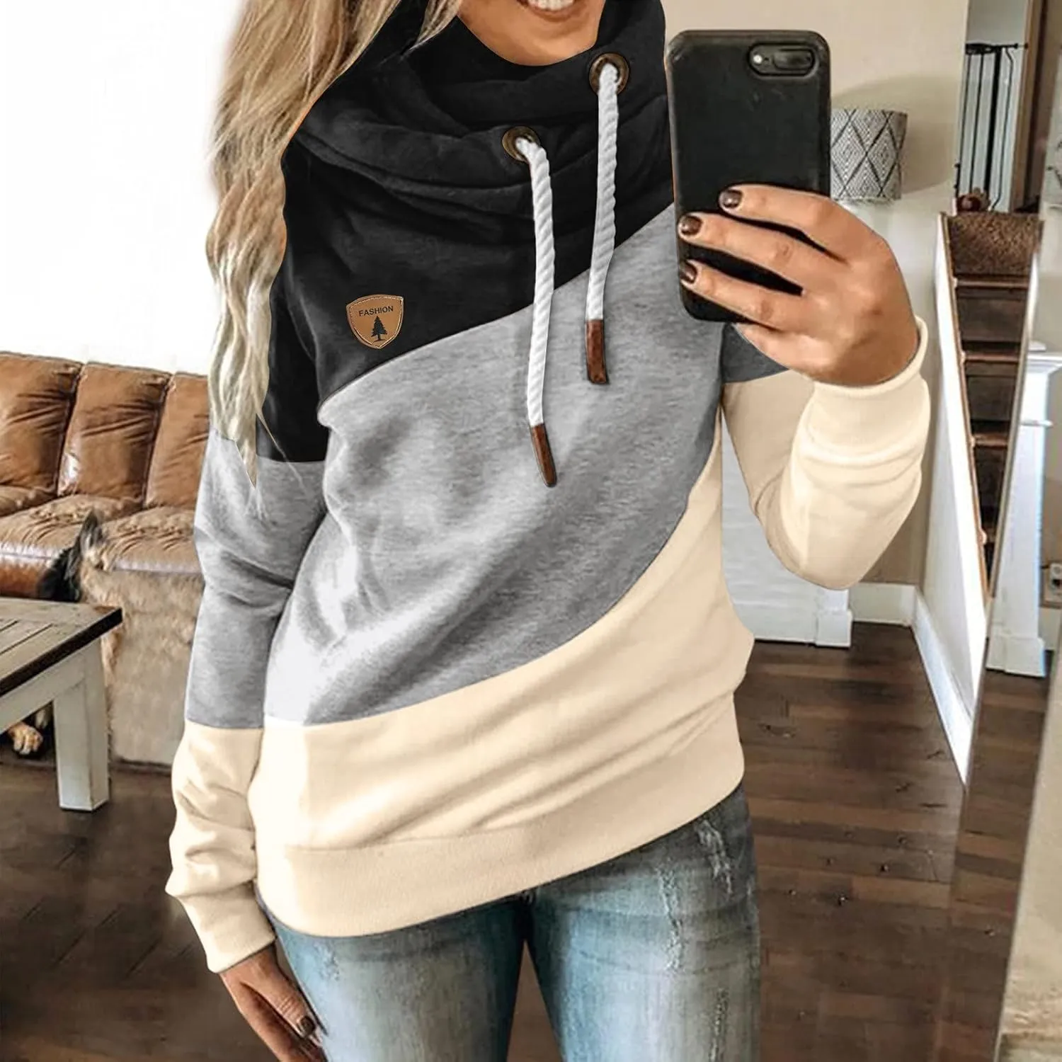 LCMTWX Sleeve Casual Hoodie Splice Contrast Long Sweatshirt Solid Strap Women Tops Women's Hoodies Sweatshirts Petite