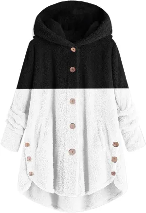 LCMTWX Winter Coats for Women Long Hooded Button Fleece Sleeve Plus Size Women Women's Color Block Patchwork Cardigan