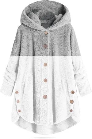 LCMTWX Winter Coats for Women Long Hooded Button Fleece Sleeve Plus Size Women Women's Color Block Patchwork Cardigan