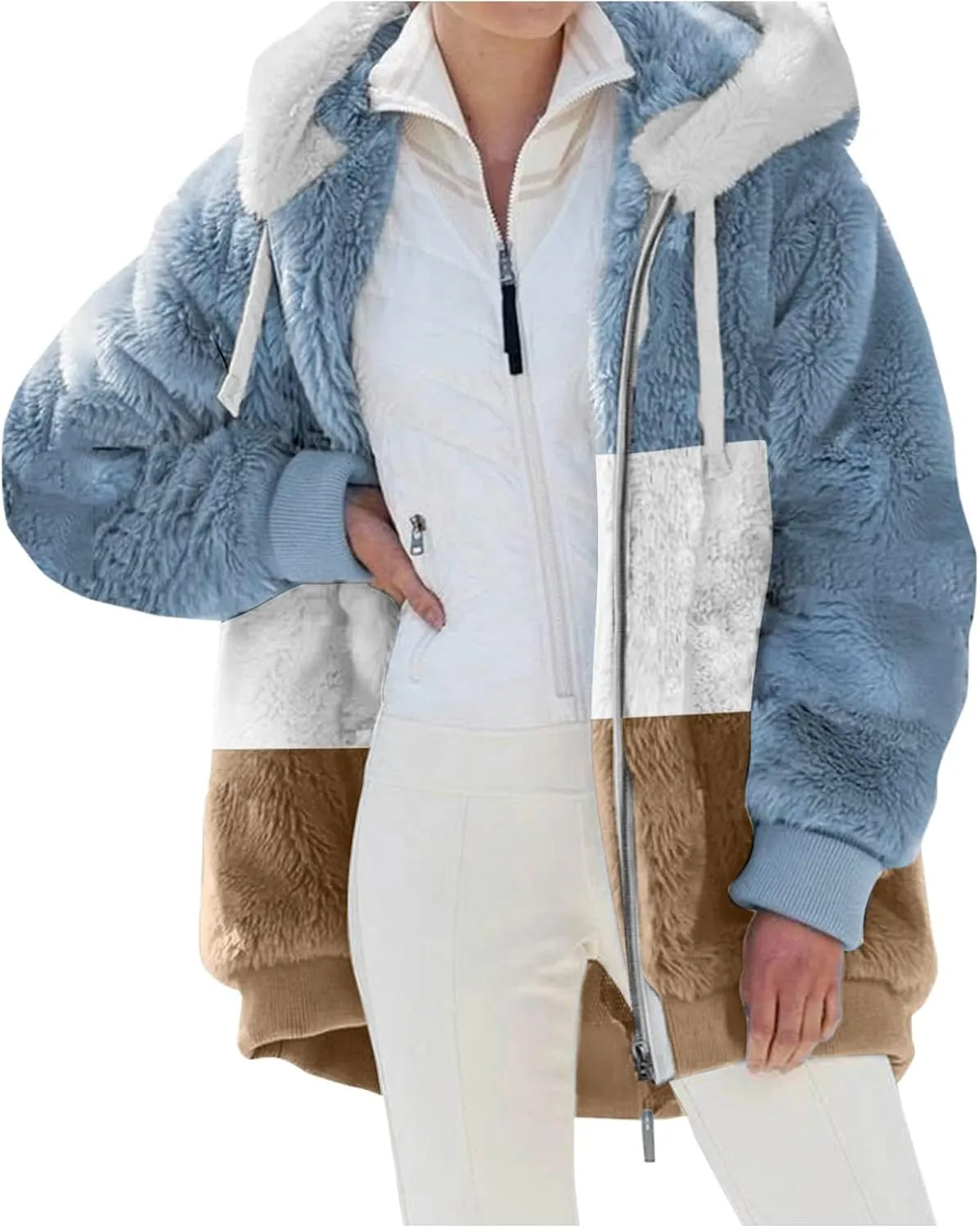 LCMTWX Women Fashion Color Block Faux Shearling Coat Pullover Sweatershirt Solid Artificial Wool Coat Outerwear with Warm