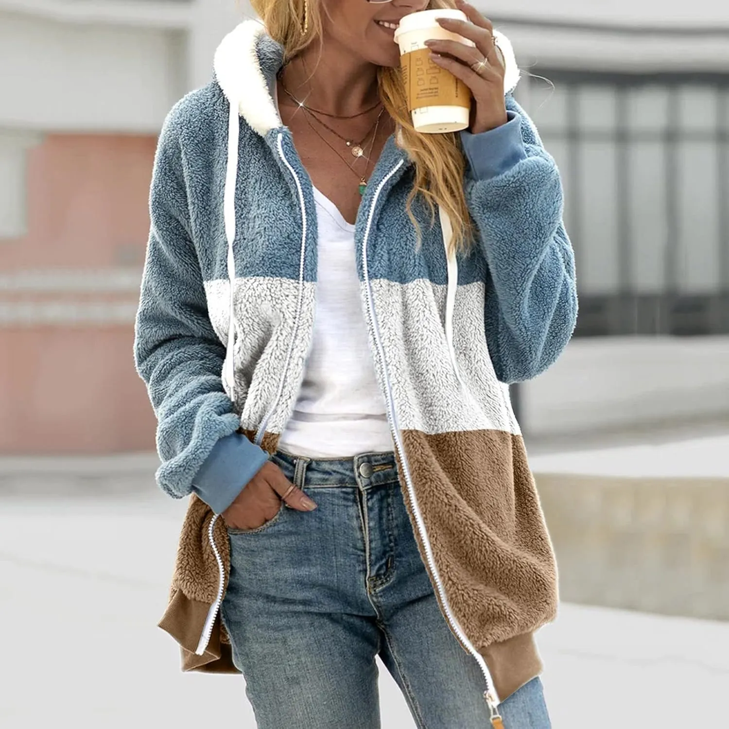 LCMTWX Women Fashion Color Block Faux Shearling Coat Pullover Sweatershirt Solid Artificial Wool Coat Outerwear with Warm