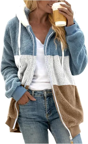 LCMTWX Women Fashion Color Block Faux Shearling Coat Pullover Sweatershirt Solid Artificial Wool Coat Outerwear with Warm