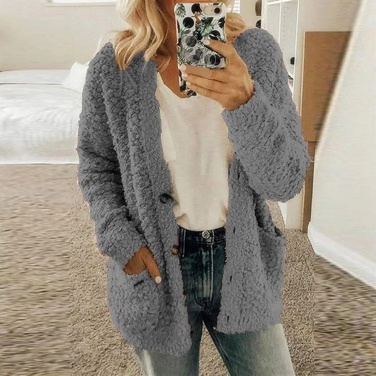 LCMTWX Women Fashion Color Block Faux Shearling Coat Wool Zipper Drawstring Long-Sleeved Hoodie Patchwork Cardigan Coats