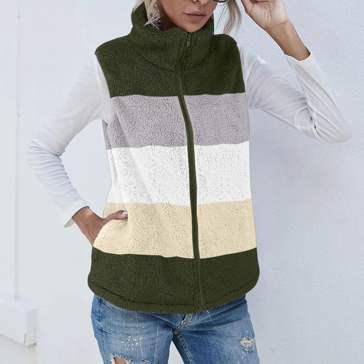 LCMTWX Womens 2023 Winter Fuzzy Fleece Jacket Pocket Zipper Coat Solid Oversized Fuzzy Fleece Fluffy Faux Fur