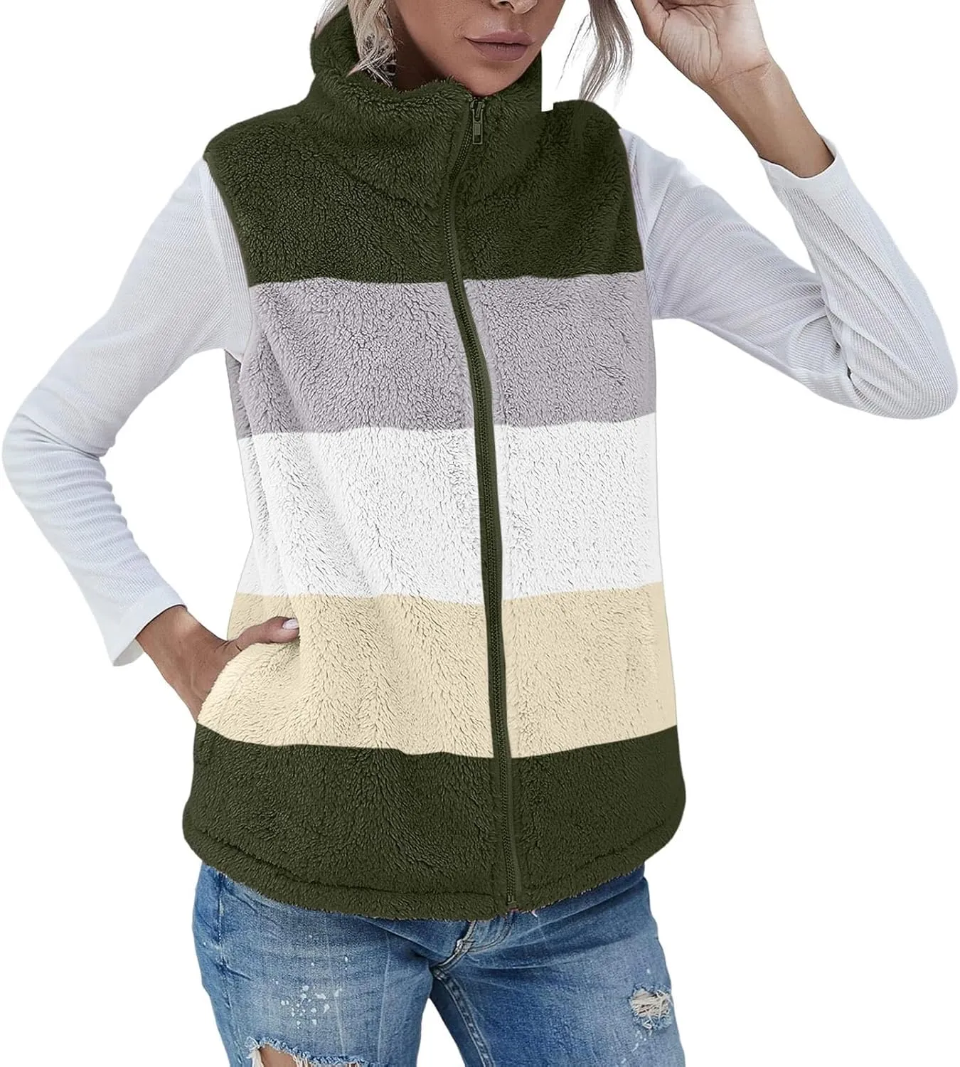 LCMTWX Womens 2023 Winter Fuzzy Fleece Jacket Pocket Zipper Coat Solid Oversized Fuzzy Fleece Fluffy Faux Fur