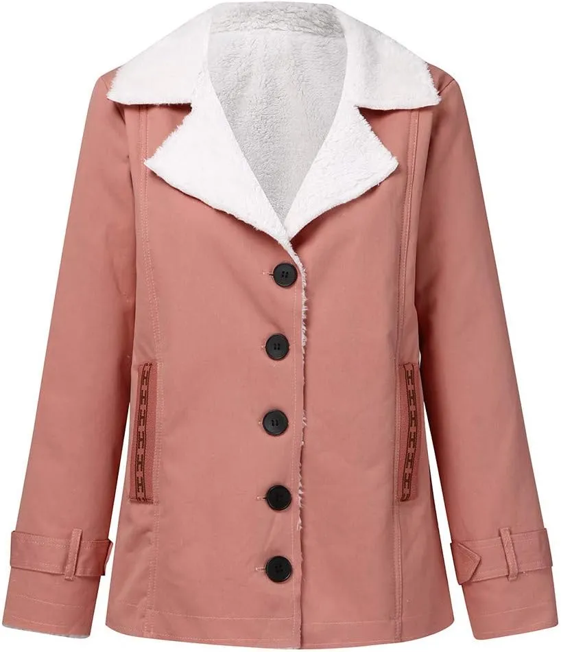 LCMTWX Womens Fuzzy Fleece Jacket Printed Lapel Single-Breasted Long Sleeve Plus Size Outwear Coat Outerwear with Pockets