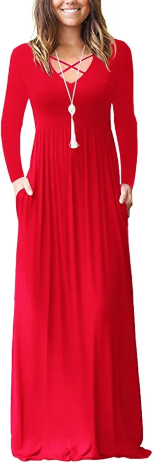LILBETTER Women's Long Sleeve Loose Plain Maxi Dresses Casual Long Dresses with Pockets