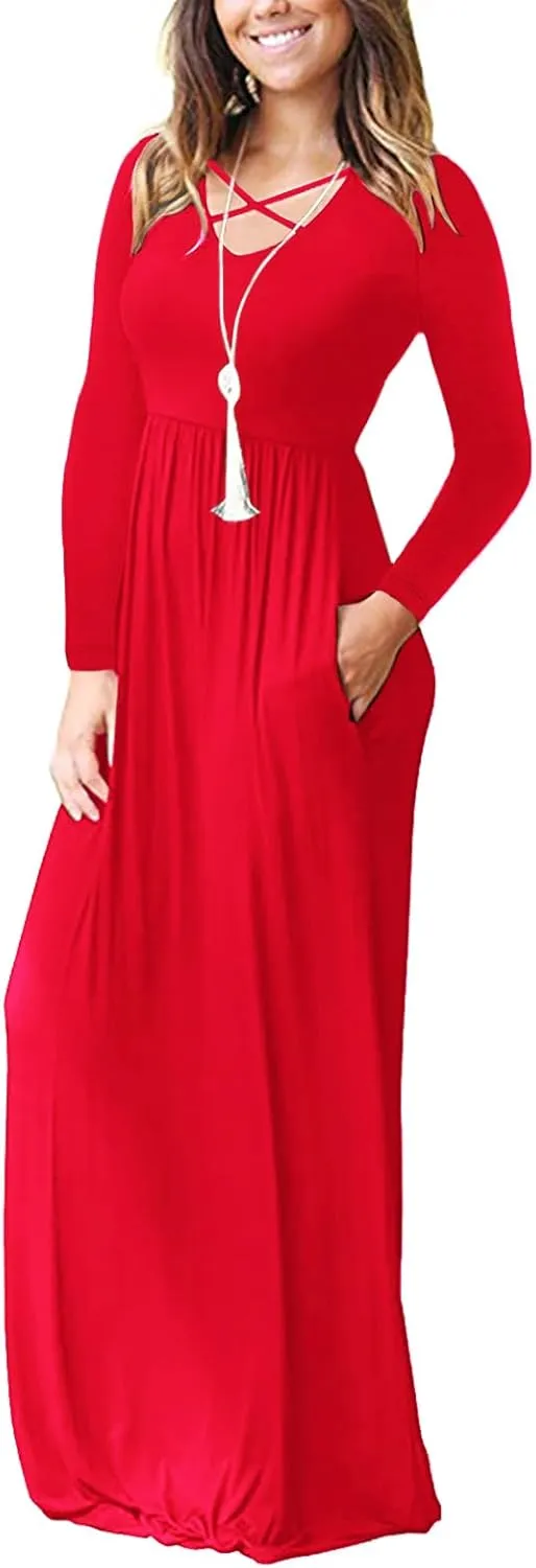 LILBETTER Women's Long Sleeve Loose Plain Maxi Dresses Casual Long Dresses with Pockets