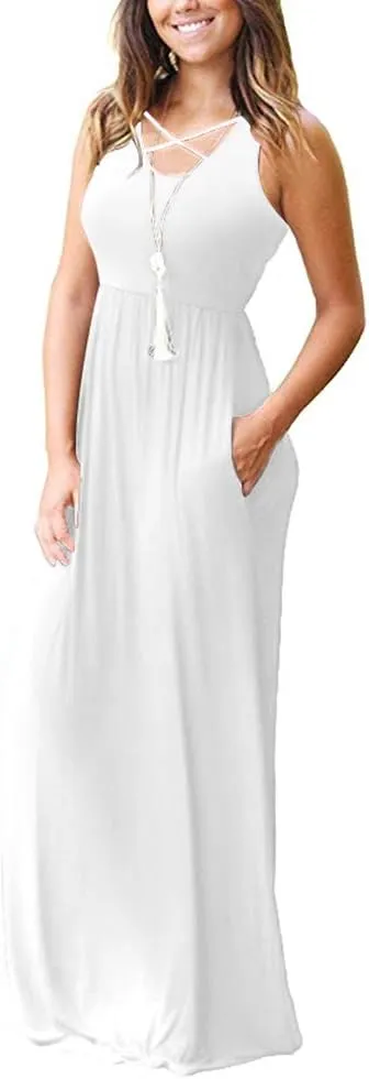 LILBETTER Women's Sleeveless Racerback Loose Plain Maxi Dresses Casual Long Dresses with Pockets