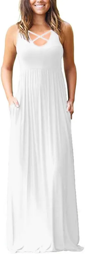 LILBETTER Women's Sleeveless Racerback Loose Plain Maxi Dresses Casual Long Dresses with Pockets