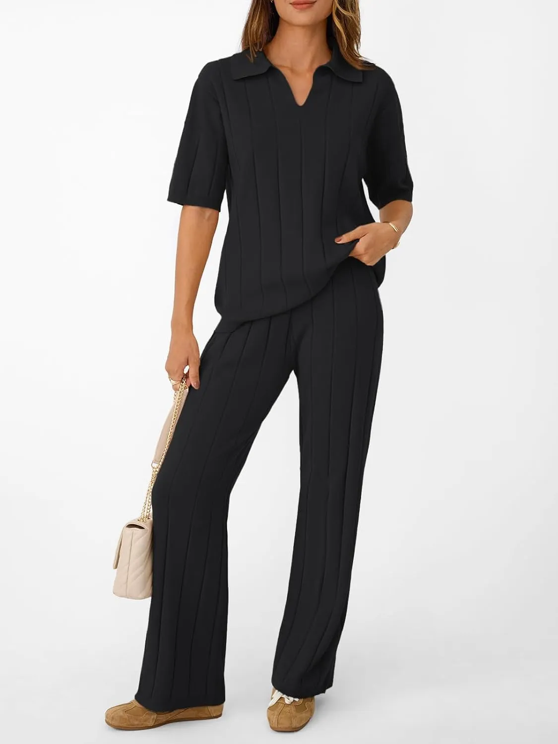 LILLUSORY Womens 2 Piece Ribbed Knit Lounge Sets Casual V Neck Top Pants Vacation Outfits