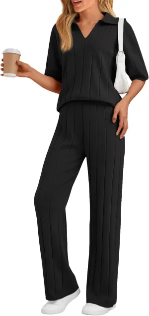 LILLUSORY Womens 2 Piece Ribbed Knit Lounge Sets Casual V Neck Top Pants Vacation Outfits