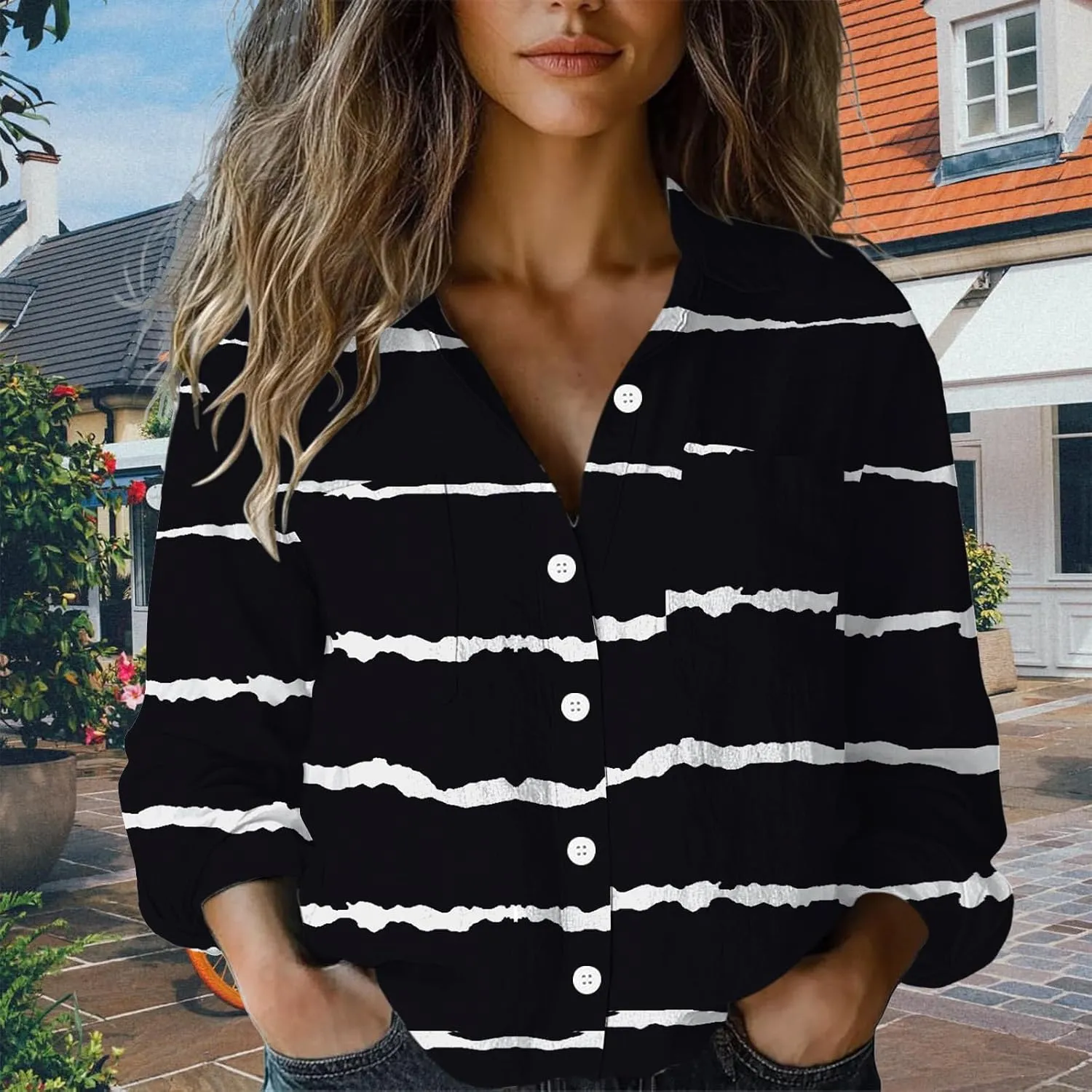 Linen Button Down Shirts for Women Floral Striped Vintage Boho Tops Dressy Casual Fit Long Sleeve Blouse with Pocket