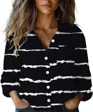 Linen Button Down Shirts for Women Floral Striped Vintage Boho Tops Dressy Casual Fit Long Sleeve Blouse with Pocket