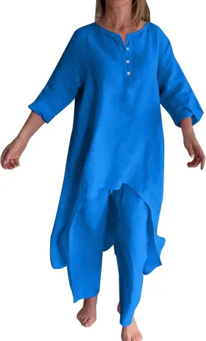 Linen Sets for Women 2 Piece Summer Linen Suit Pants Two Piece Long Sleeve Maxi Dress Wide Leg Pant Set Outfits