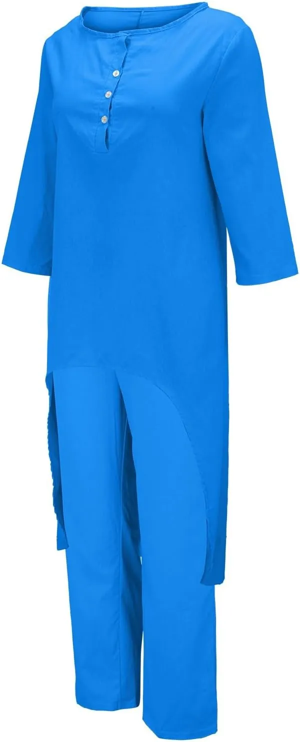 Linen Sets for Women 2 Piece Summer Linen Suit Pants Two Piece Long Sleeve Maxi Dress Wide Leg Pant Set Outfits