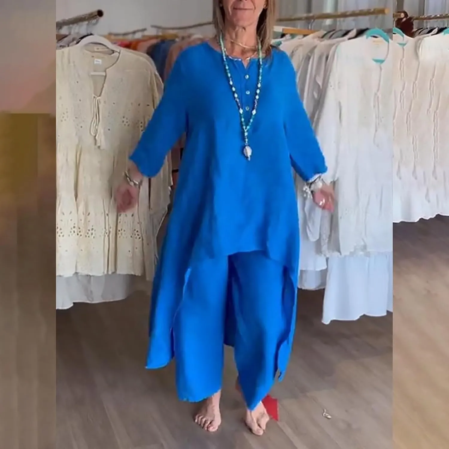 Linen Sets for Women 2 Piece Summer Linen Suit Pants Two Piece Long Sleeve Maxi Dress Wide Leg Pant Set Outfits