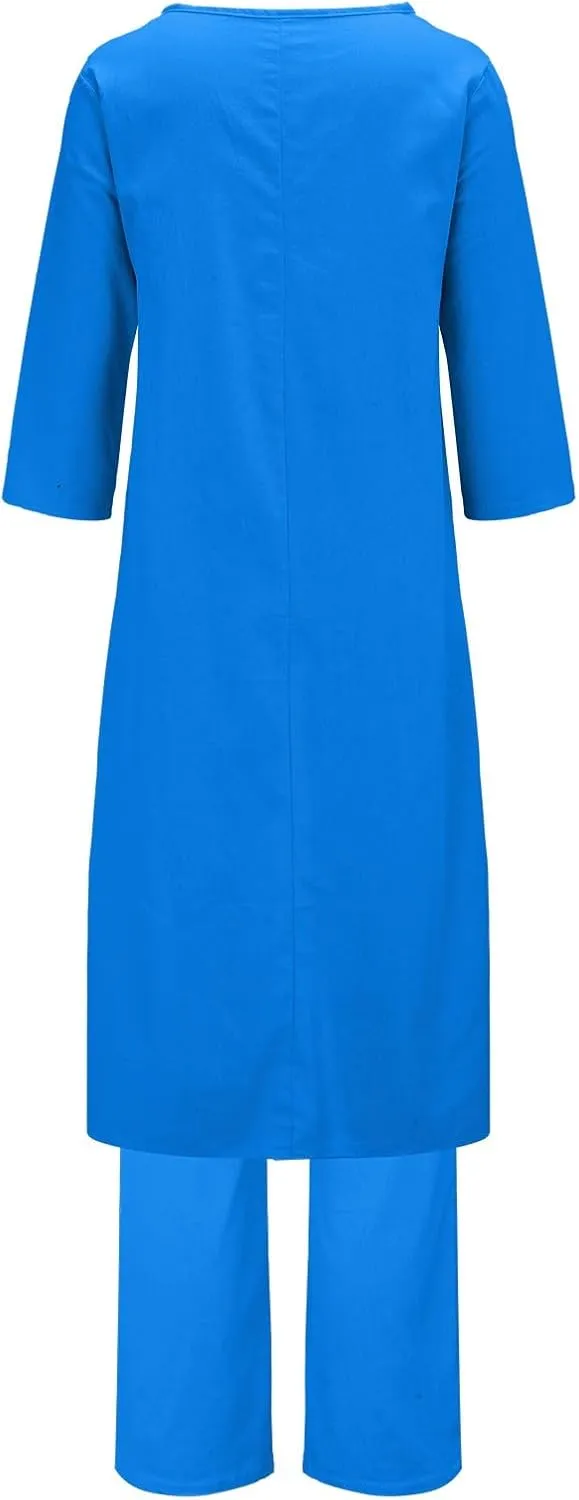 Linen Sets for Women 2 Piece Summer Linen Suit Pants Two Piece Long Sleeve Maxi Dress Wide Leg Pant Set Outfits