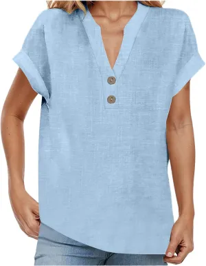 Linen Shirts for Women Button Up Cotton Shirt Summer Short Sleeve Blouse Loose Fit V-Neck Casual Blouses Tops