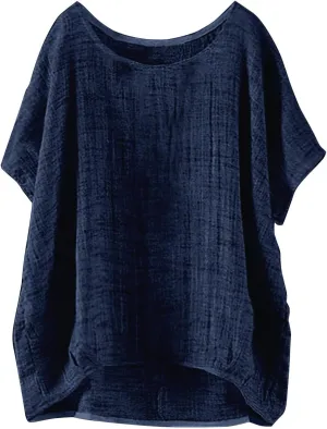 Linen Shirts for Women Summer 2025 Trendy Plus Size Crewneck Short Sleeve Cute Tops Casual Loose Fit Comfy Blouses