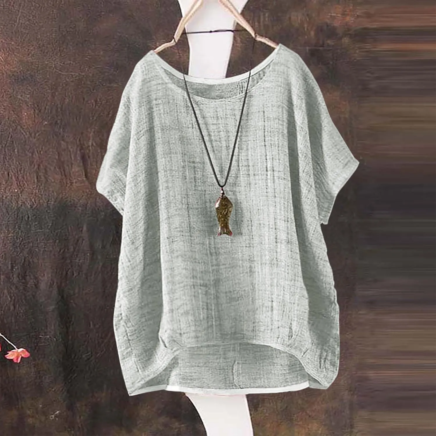 Linen Shirts for Women Summer 2025 Trendy Plus Size Crewneck Short Sleeve Cute Tops Casual Loose Fit Comfy Blouses