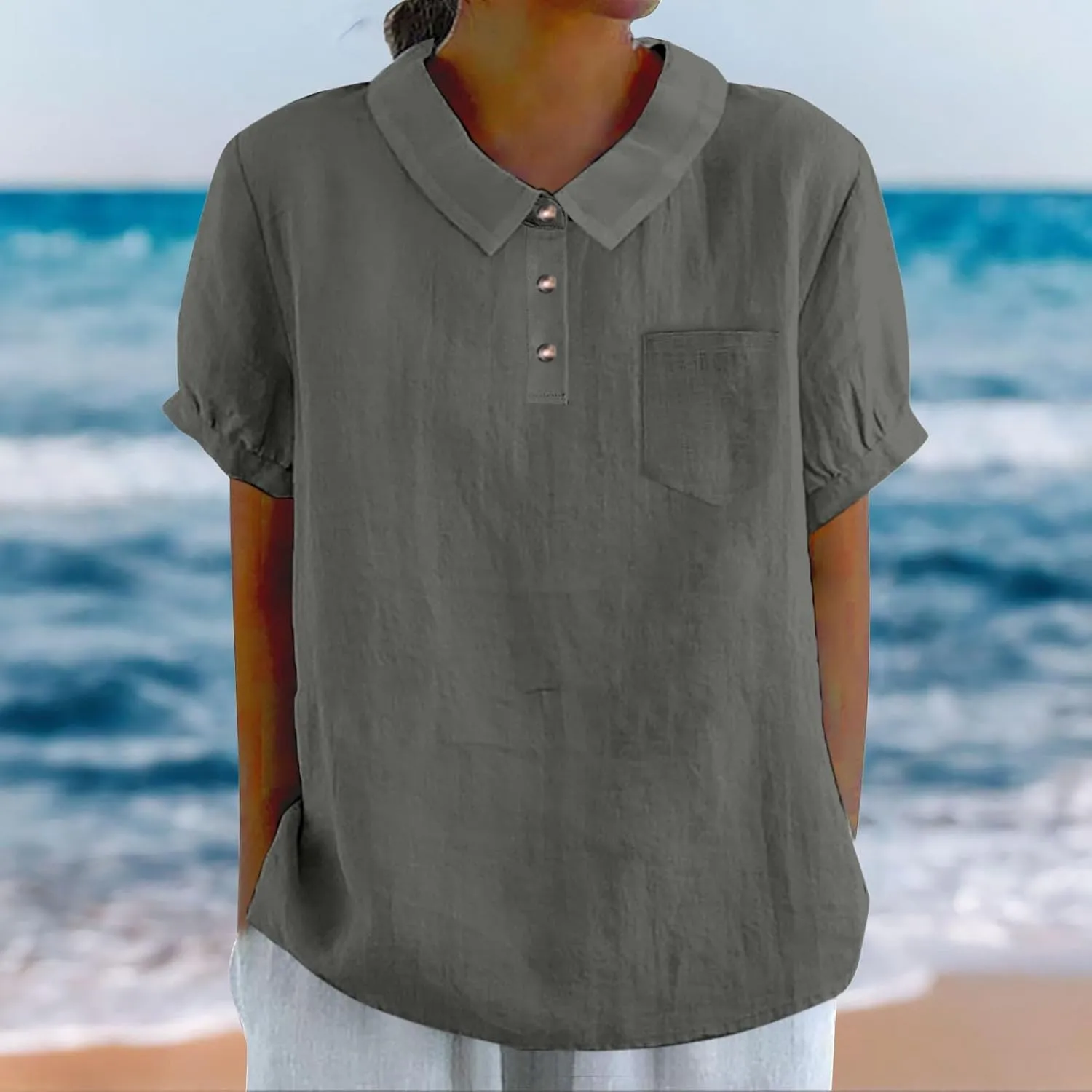 Linen Shirts for Women Summer Lightweight Short Sleeve Tunic Tshirts Cute Collared Tops Business Work Casual Blouses