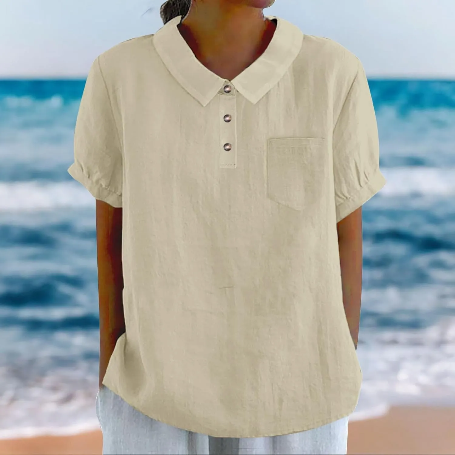 Linen Shirts for Women Summer Lightweight Short Sleeve Tunic Tshirts Cute Collared Tops Business Work Casual Blouses