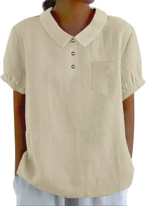 Linen Shirts for Women Summer Lightweight Short Sleeve Tunic Tshirts Cute Collared Tops Business Work Casual Blouses