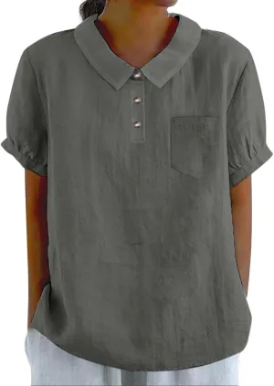 Linen Shirts for Women Summer Lightweight Short Sleeve Tunic Tshirts Cute Collared Tops Business Work Casual Blouses