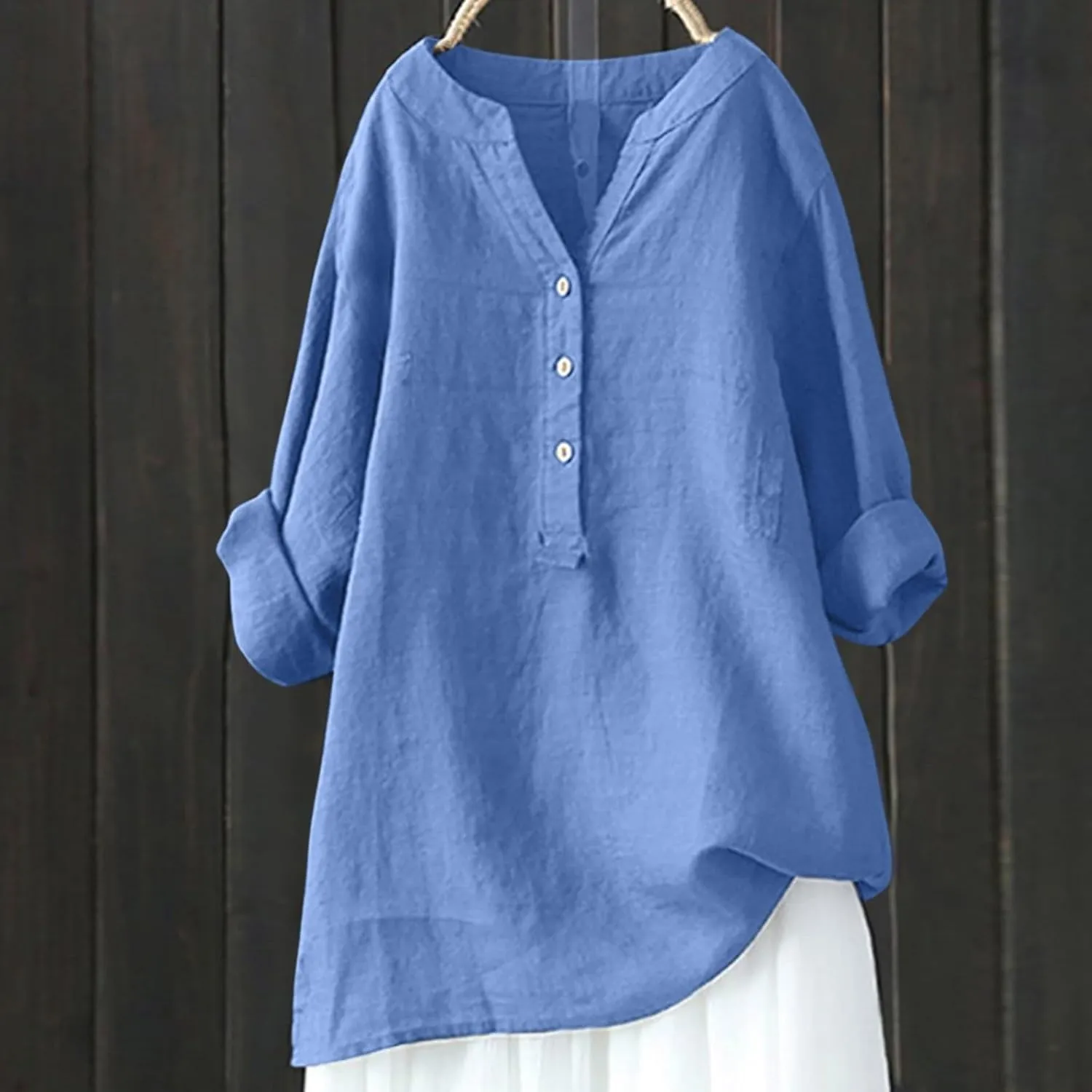 Linen Tops for Women Summer Casual Button Down 3/4 Sleeve Loose Cotton Linen Shirts V Neck Plus Size Tunic Tops Dressy Blouse