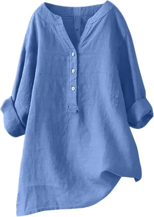 Linen Tops for Women Summer Casual Button Down 3/4 Sleeve Loose Cotton Linen Shirts V Neck Plus Size Tunic Tops Dressy Blouse