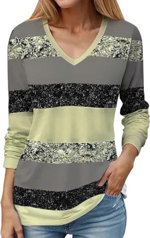 Long Sleeve Shirts for Women V Neck Pullover Tunics Casual Graphic Sequin Tops Glitter Printed Sweatshirt Blouse