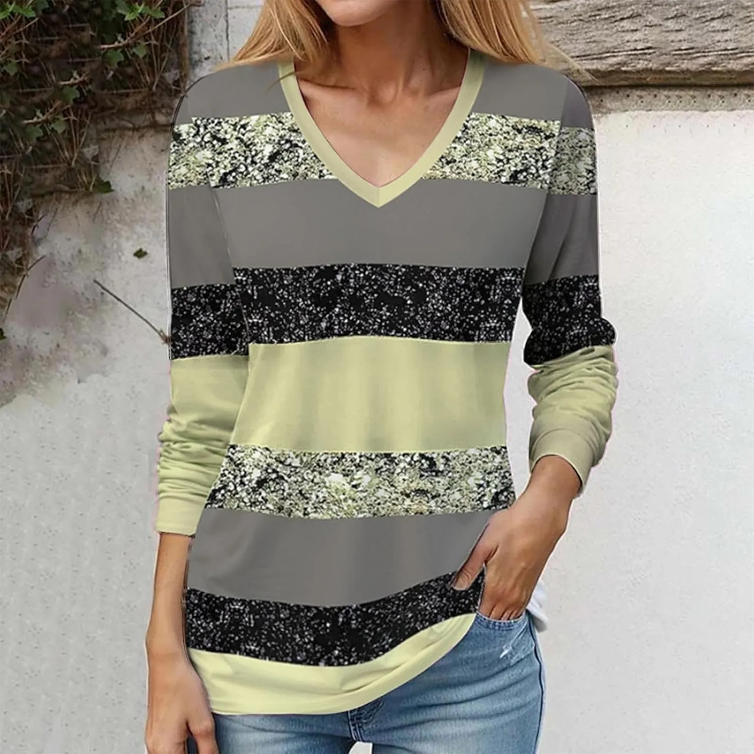 Long Sleeve Shirts for Women V Neck Pullover Tunics Casual Graphic Sequin Tops Glitter Printed Sweatshirt Blouse