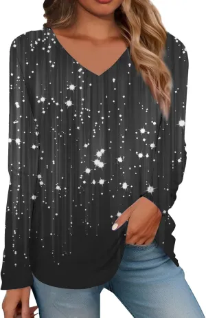 Long Sleeve Shirts for Women V Neck Sequin Tops Graphic Glitter Floral Printed Sparkly Party Blouse Pullover Tunics