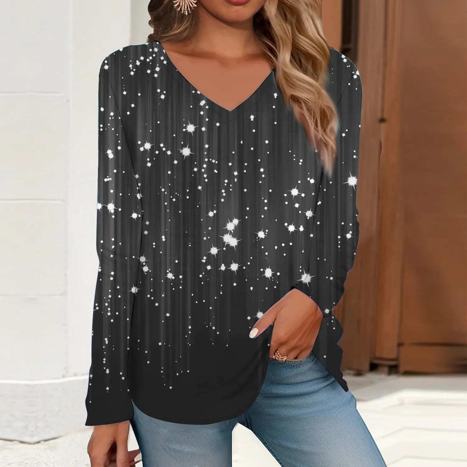Long Sleeve Shirts for Women V Neck Sequin Tops Graphic Glitter Floral Printed Sparkly Party Blouse Pullover Tunics
