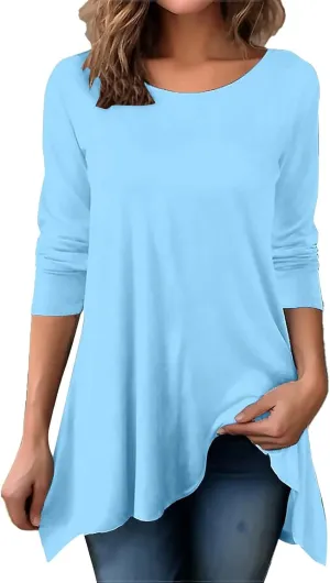 Long Sleeve Tunic Tops for Women Plus Size Round Neck Flowy Asymmetrical Hem Pullover T Shirts Blouse for Leggings