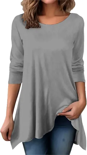 Long Sleeve Tunic Tops for Women Plus Size Round Neck Flowy Asymmetrical Hem Pullover T Shirts Blouse for Leggings