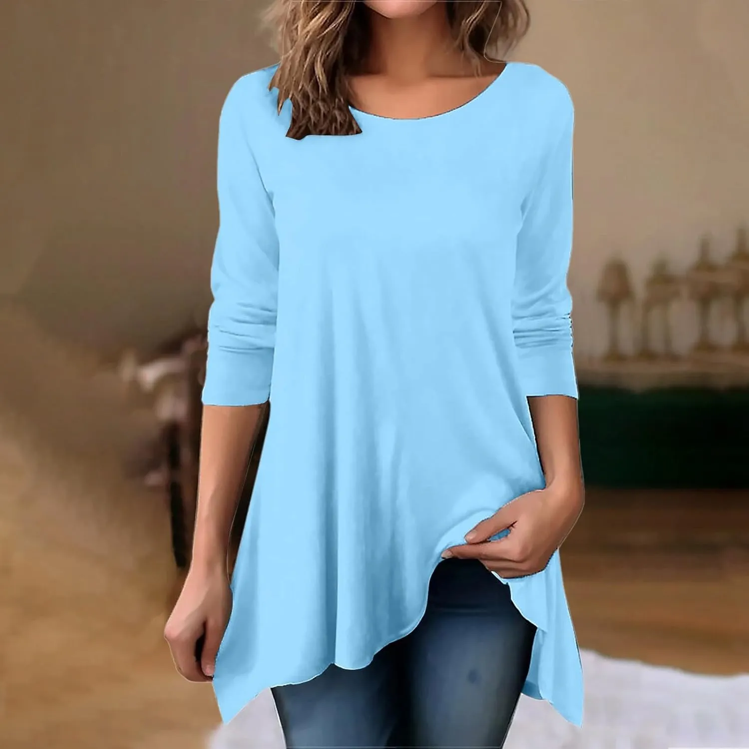 Long Sleeve Tunic Tops for Women Plus Size Round Neck Flowy Asymmetrical Hem Pullover T Shirts Blouse for Leggings
