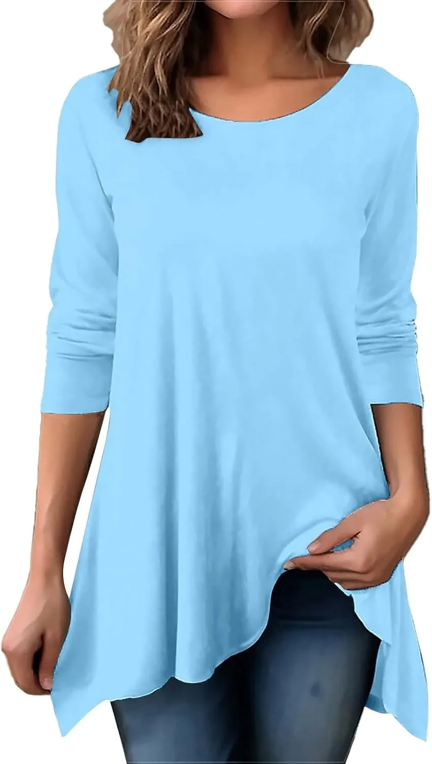 Long Sleeve Tunic Tops for Women Plus Size Round Neck Flowy Asymmetrical Hem Pullover T Shirts Blouse for Leggings
