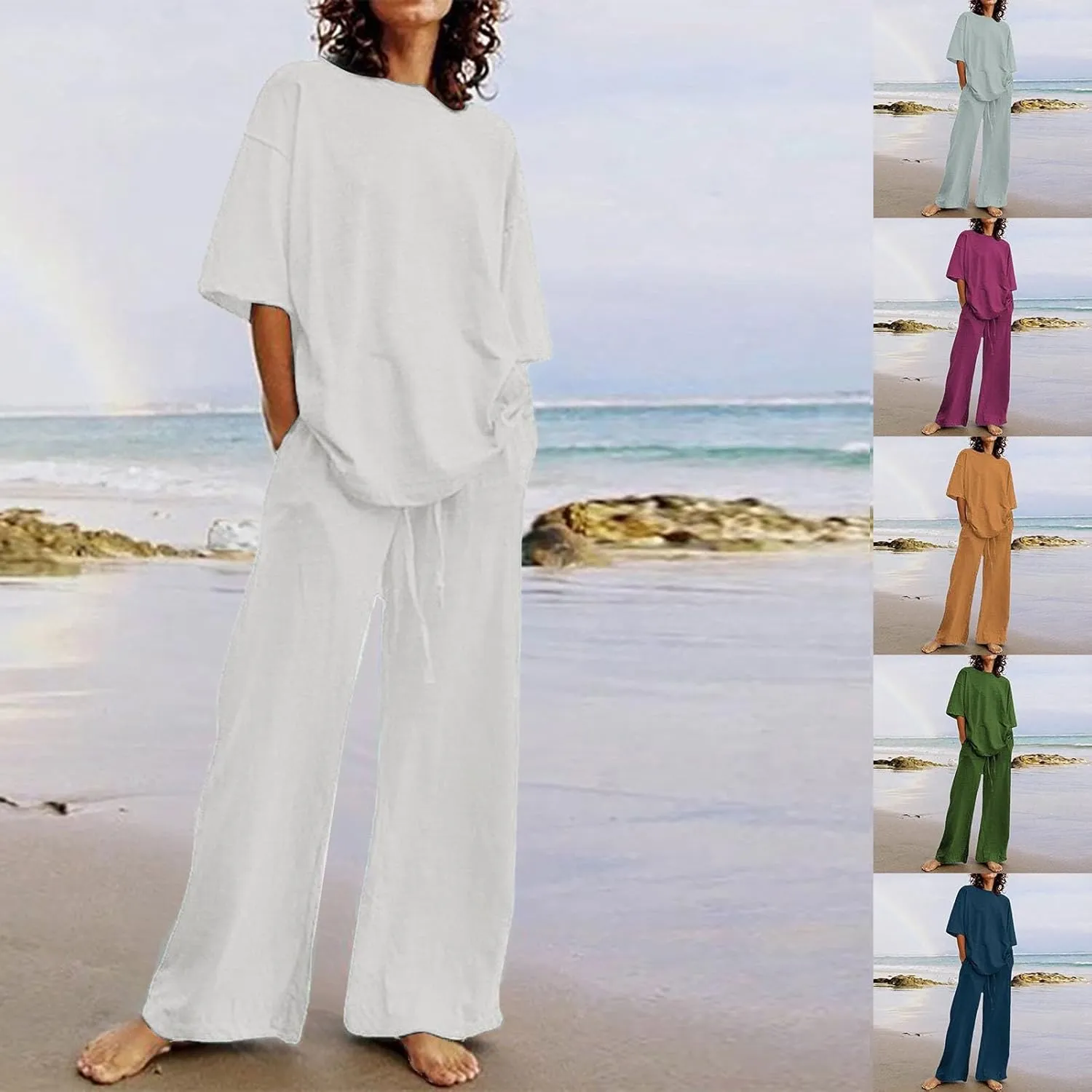 maisdgop 2 Piece Sets for Women Summer Cotton Linen Short Sleeve Trousers Outfit Casual Loose Solid Color Suits with Pockets