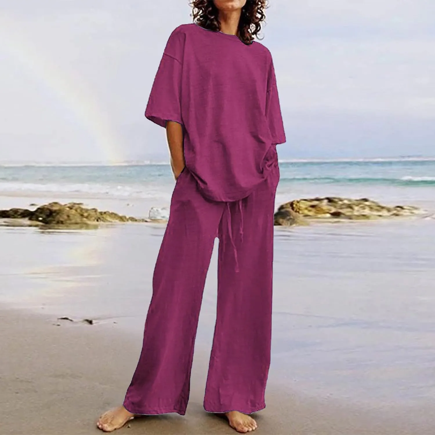 maisdgop 2 Piece Sets for Women Summer Cotton Linen Short Sleeve Trousers Outfit Casual Loose Solid Color Suits with Pockets